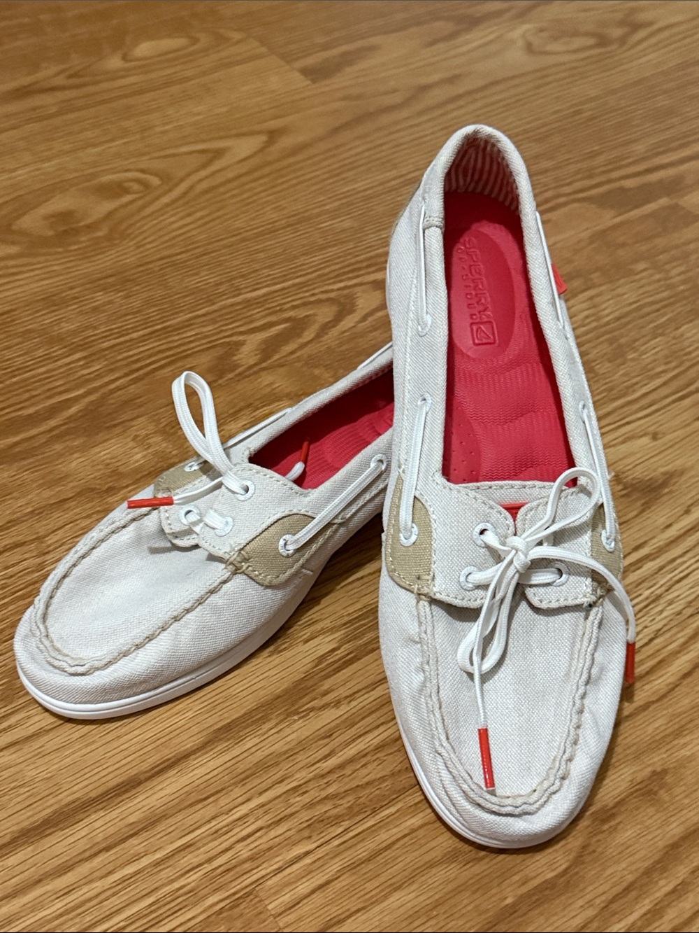 Sperry White Canvas Boat Shoes with Pink Insole